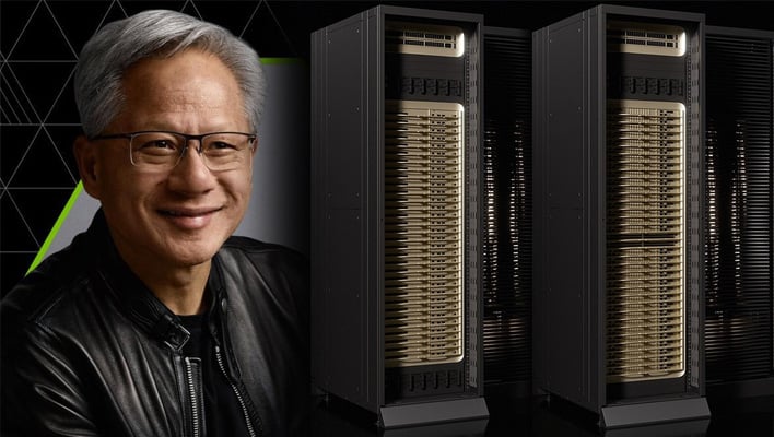 NVIDIA CEO Jensen Huang next to Vera Rubin racks.