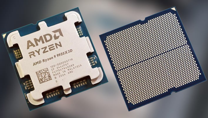 Top and bottom shots of the AMD Ryzen 9 9950X3D on a blurred background.