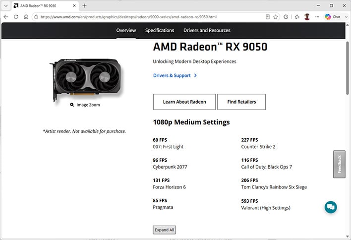 AMD Radeon RX 9050 product page on AMD's website (Edge browser screenshot).