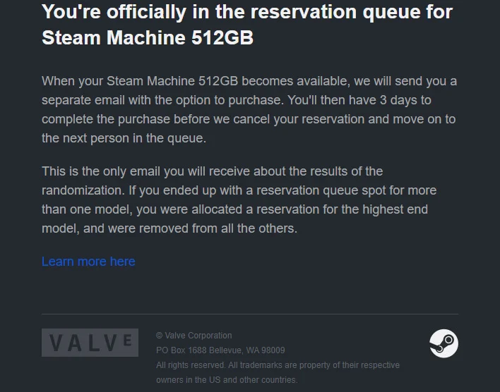 Steam Machine reservation email.