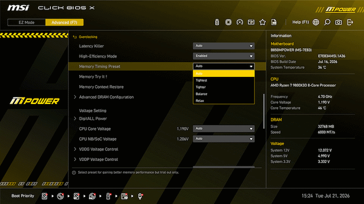 msi click bios x memory timing preset setting