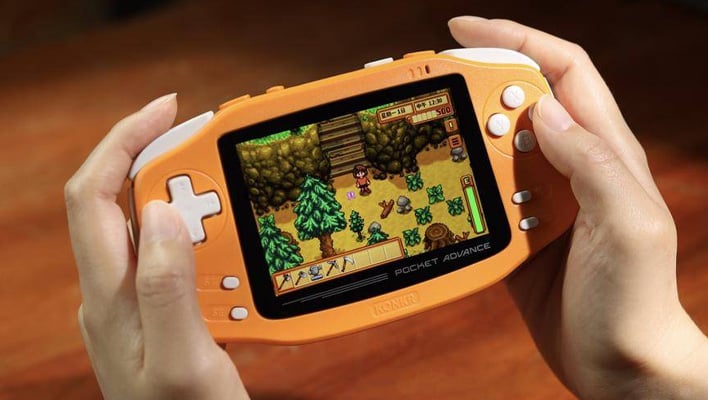 Playing a game on Ayaneo's Konkr Pocket Advance handheld.