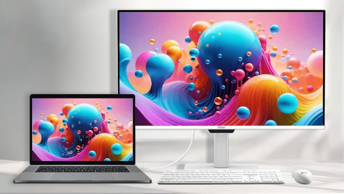 Render of MSI's Pro Max 271UPXW12G OLED monitor connected to a MacBook.