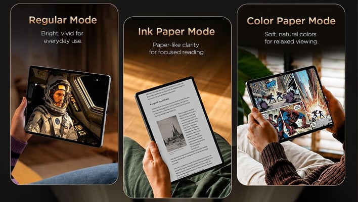 Collage of the TCL TAB A1 Plus NXTPAPER's three display modes.
