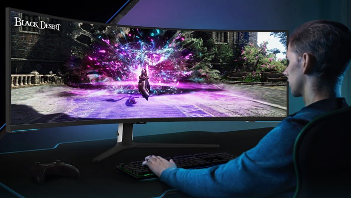 Render of a person sitting in front of Samsung's 57-inch Odyssey Neo G9 gaming monitor with Black Desert on the display.
