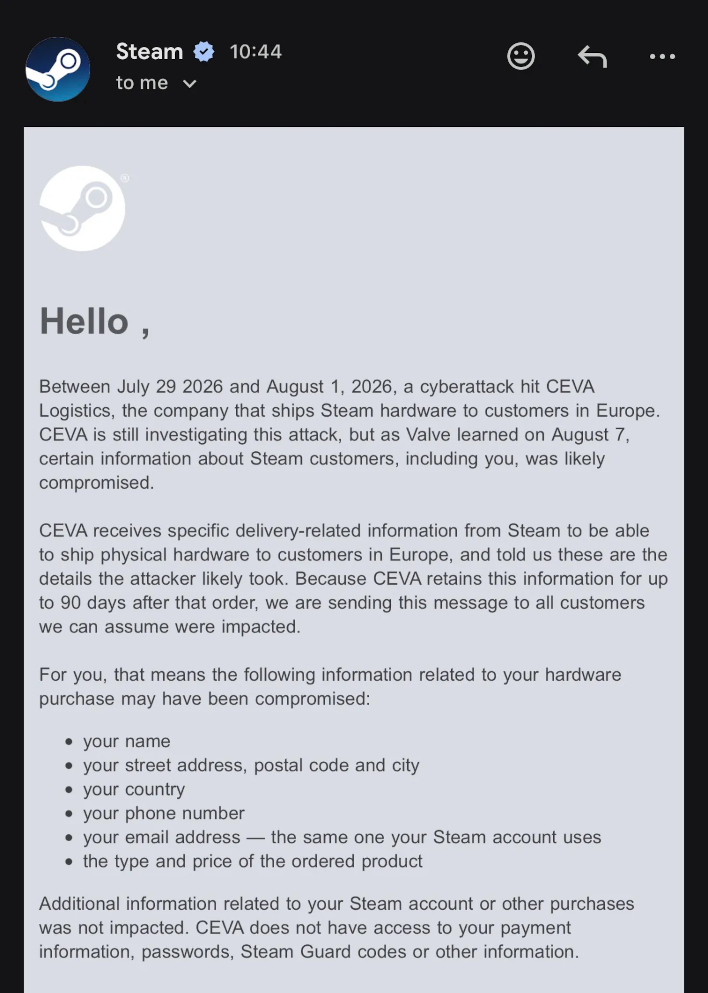 Example Steam Support email.