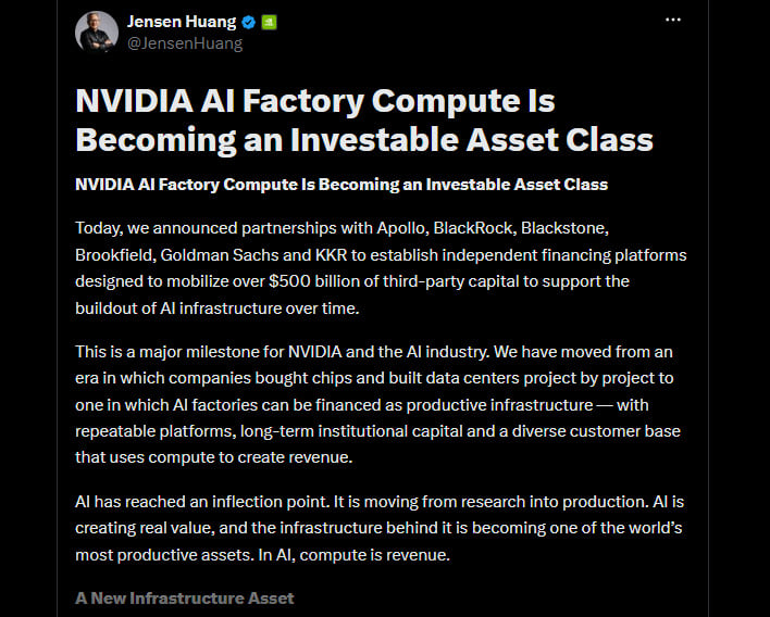 NVIDIA CEO Jensen Huang post on X.