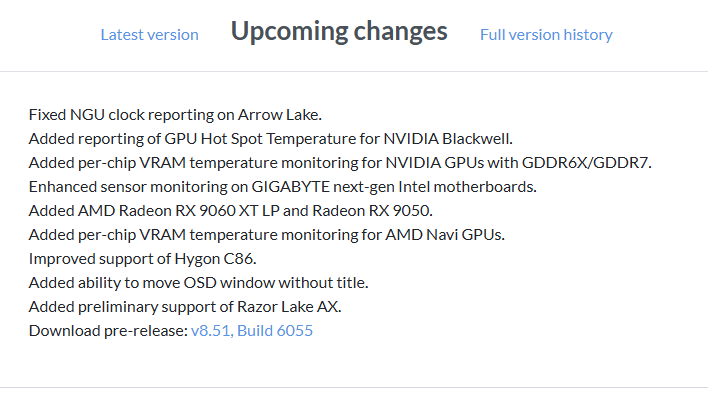 hwinfo upcoming changes screenshot