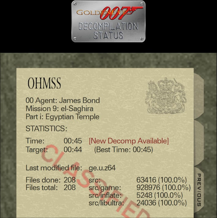 The official GoldenEye 007 Decompilation Status page.