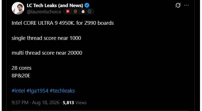 lc tech leaks core ultra 9 4950k leak tweet