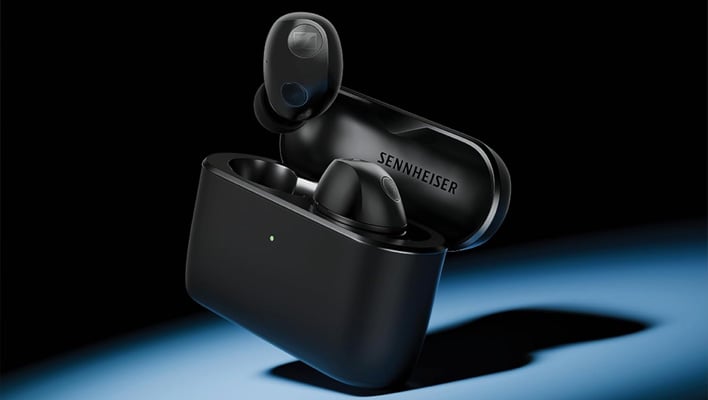 Sennheiser Momentum True Wireless 5 earbuds in the charging case.