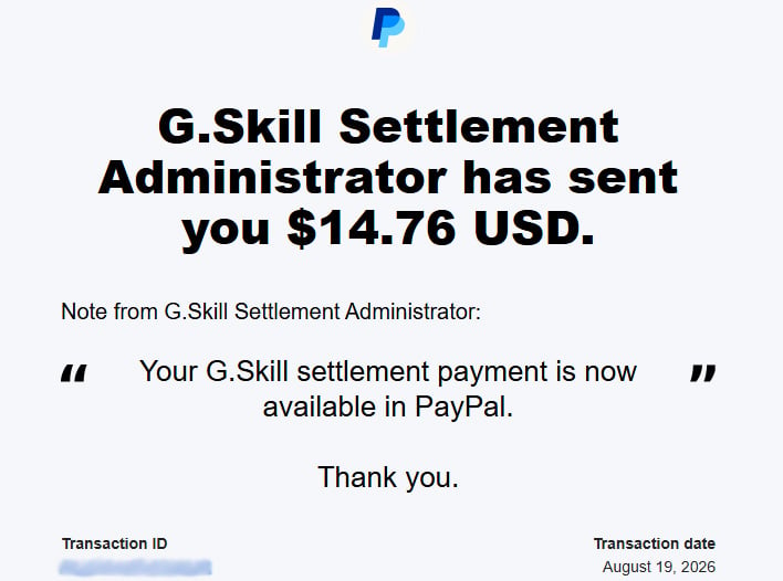 G.Skill settlement email