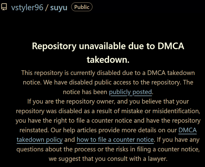 The Suyu takedown notice.