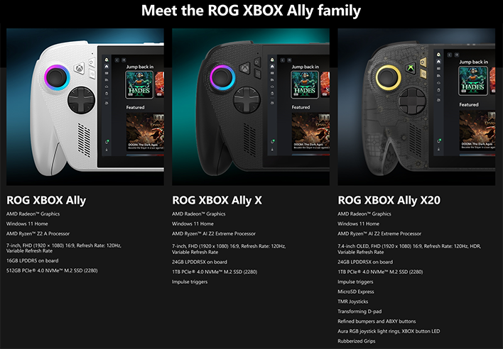 Specs comparison for the ASUS ROG Xbox Ally family