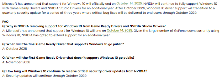 nvidia windows 10 end of support faq
