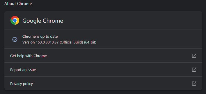 Google Chrome's About window.