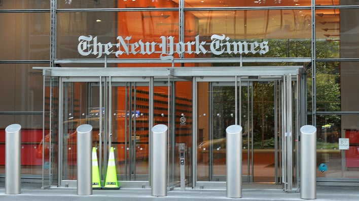 The New York Times' office entrance in Manhattan, New York.