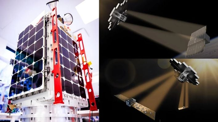 Protostar prototype (left) and orbital power beaming illustration (right)