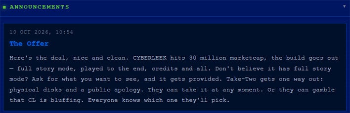 CyberLeek's ultimatum to Take-Two Interactive