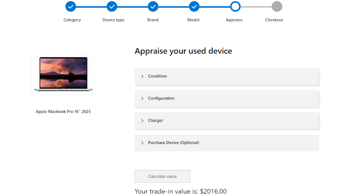 Microsoft's trade-in page&mdash;note that the total is before the $1000 promotion on top.