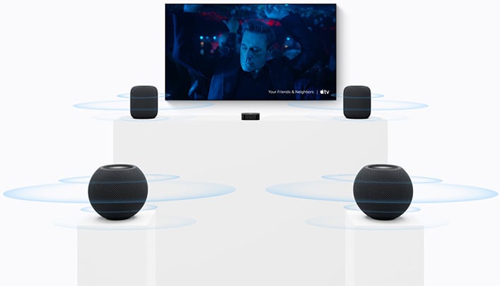 Four Apple HomePod 2 speakers in surround sound.