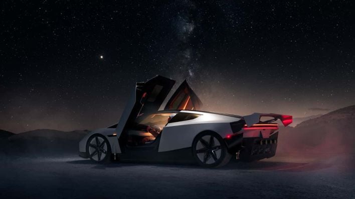 The greenhouse reminds us of a Lamborghini, Lotus Espirit, and (dare we say it) Cybercab