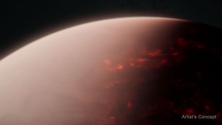 artist&rsquo;s concept shows what a thick atmosphere above a vast magma ocean on exoplanet TOI-561 b could look like