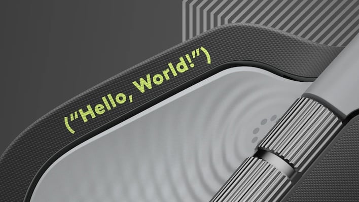 ("Hello, World!") snippet of code on the thumb rest of the mouse.